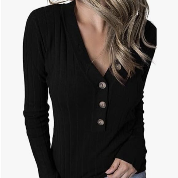 Merokeety M Black Ribbed Knit Long Sleeve Henley Button Sweater Thick Elastic - Picture 1 of 9